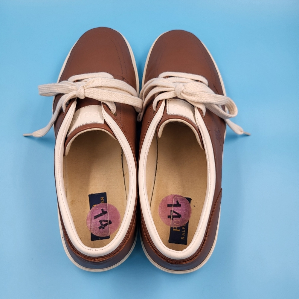 Mens Polo Ralph Lauren Tan Leather Faxon Low Top Boat Shoes Sneakers EUC sz 14 D - Picture 12 of 14